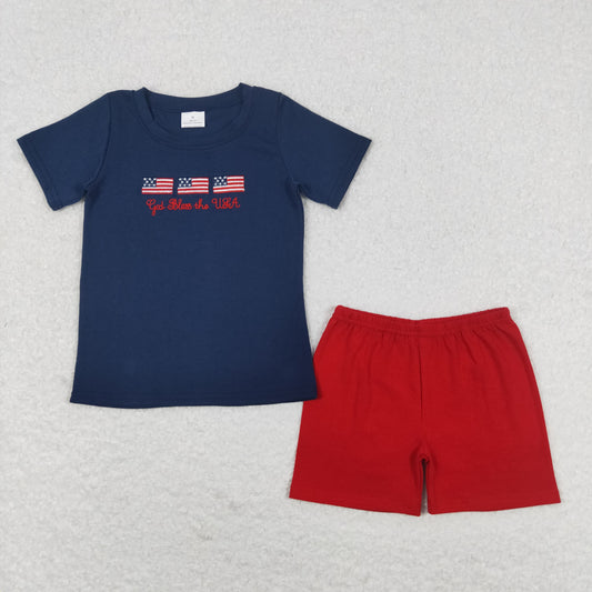 BSSO0713 god bless embroidered flag navy blue short sleeve red shorts set 2024 boys clothing sets