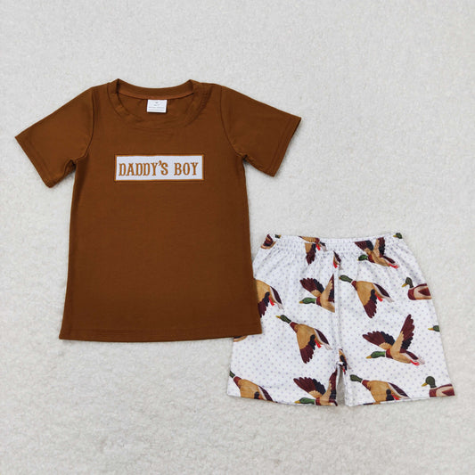 BSSO0719 Daddy's Boy Embroidered Letter Duck Hunting Clothes Brown Short Sleeve Shorts Boys Outfits 202505 RTS Local Warehouse