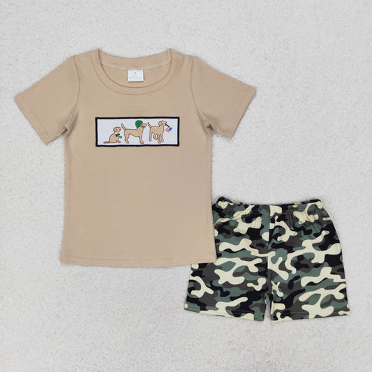 BSSO0720 Embroidered puppy flag short sleeve camo shorts set high quality boys clothing sets
