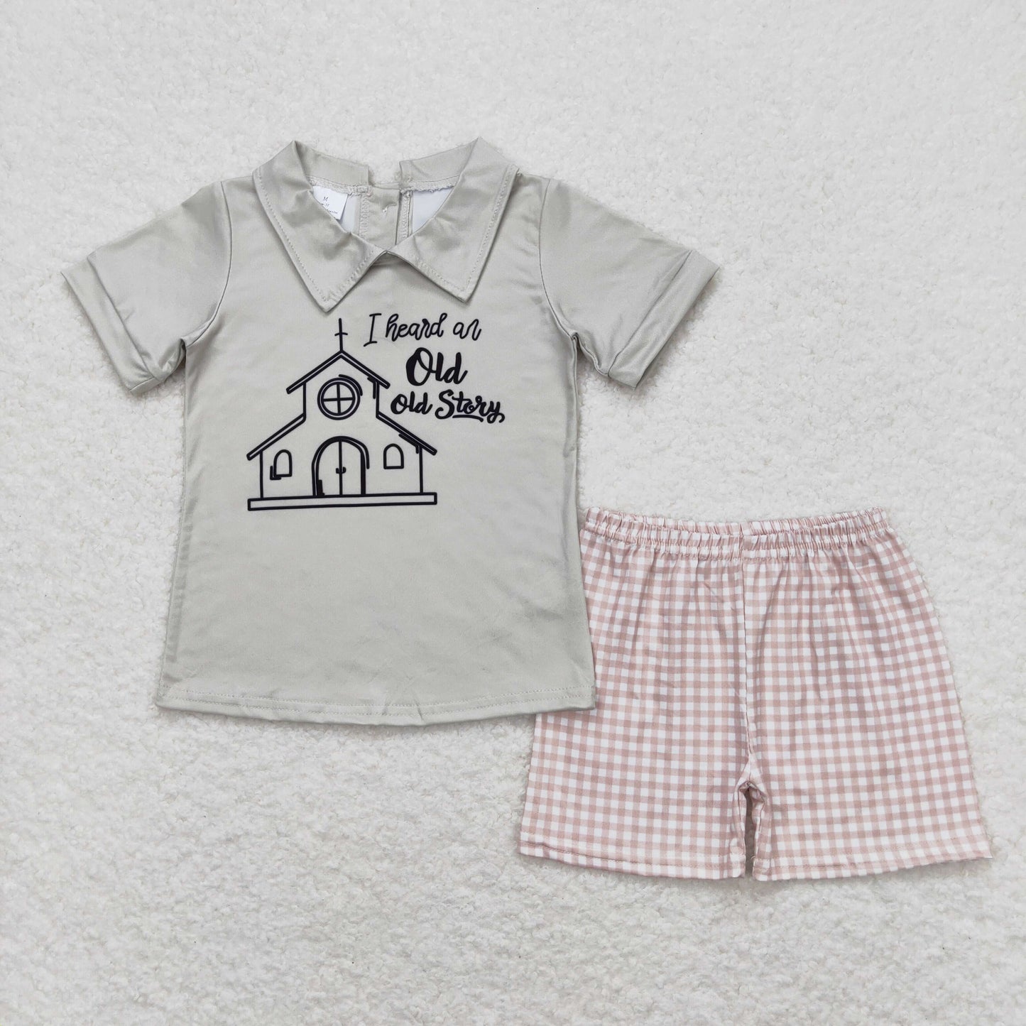 BSSO0742 Old Story Letter Boys Grey Short Sleeve Plaid Shorts Outfits RTS 202508