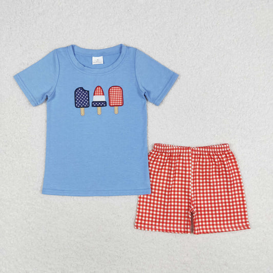 BSSO0744 Embroidered Popsicle ice cream Blue short sleeve red plaid shorts set High quality clothing set boy