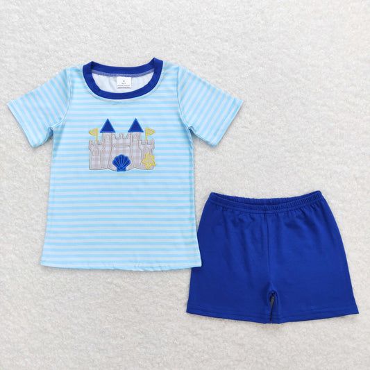 BSSO0747 Embroidered Shell Star Castle Striped Short Sleeve Blue Shorts Boys Outfits RTS 202508