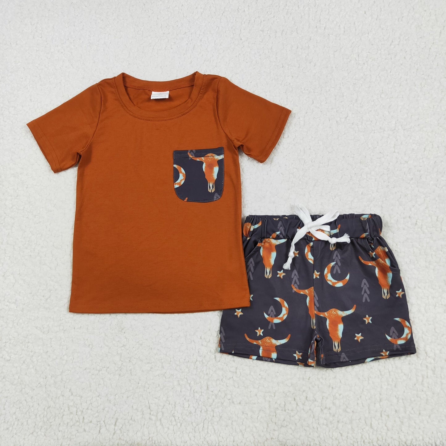 BSSO0758 cattle star pocket orange black short sleeve top shorts sets boys boutique outfits 202506 RTS