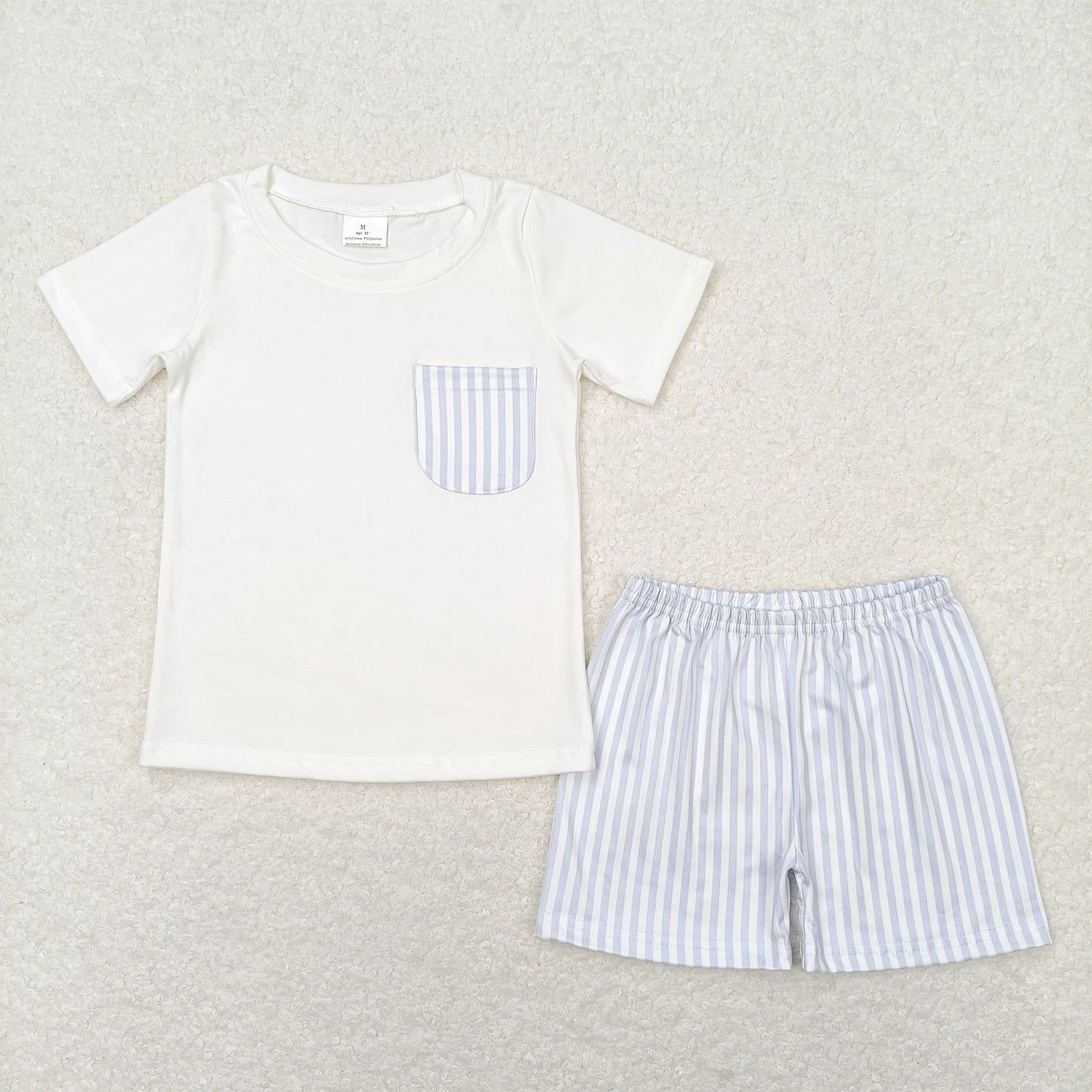 BSSO0764 Blue and white striped pocket short-sleeved shorts suit boys designer clothing sets