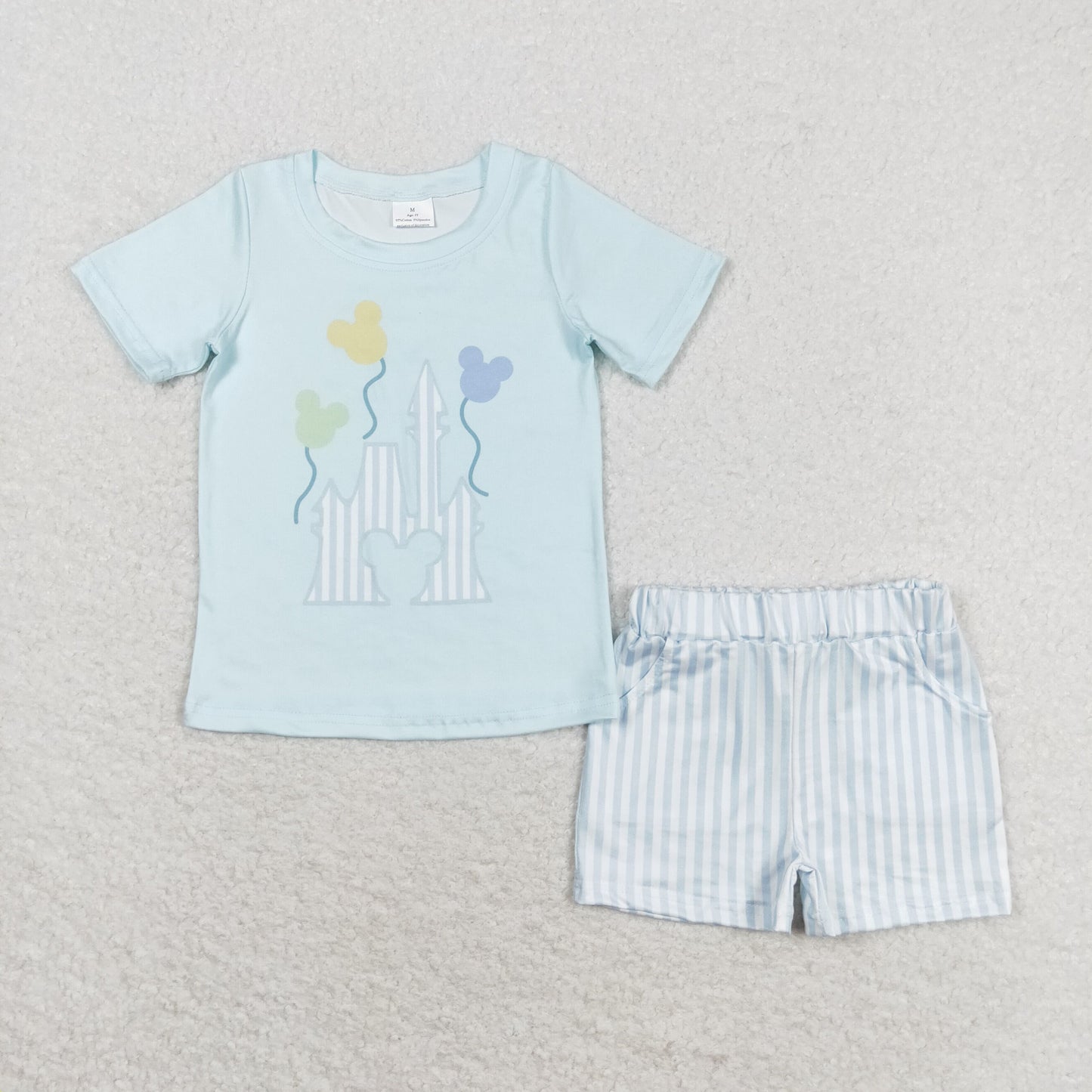 BSSO0777  Castle Balloon Blue Short-Sleeve Striped Shorts Boys Outfits RTS 202509
