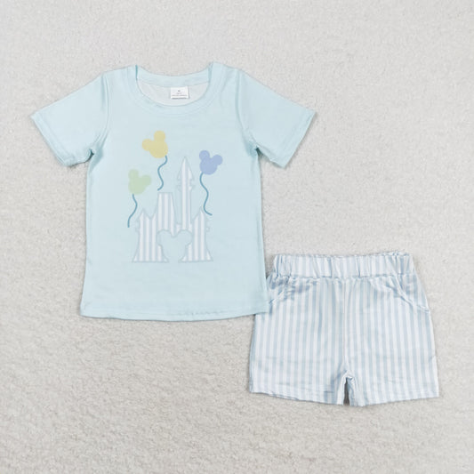 BSSO0777  Castle Balloon Blue Short-Sleeve Striped Shorts Boys Outfits RTS 202509
