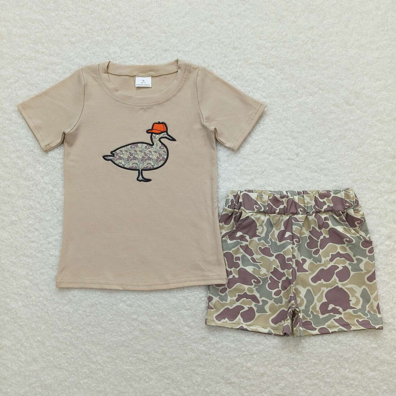 BSSO0781 Embroidered duck hunting clothes beige short sleeve top camouflage shorts boy boutique summer outfit 202501