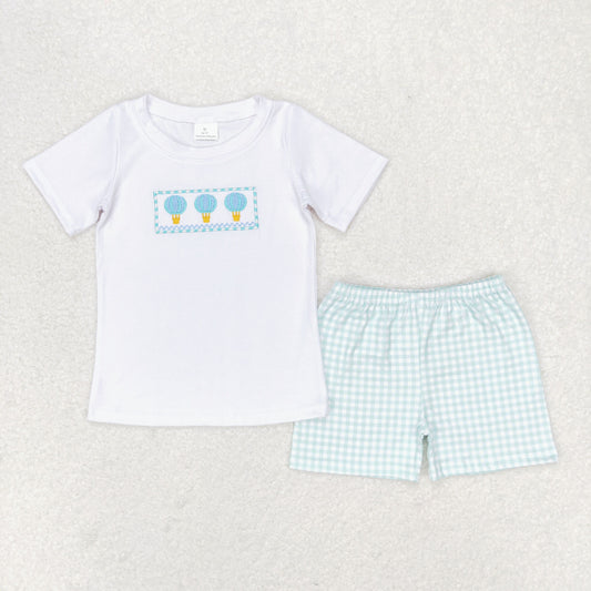 BSSO0784 Embroidery hot air balloon white short-sleeved plaid shorts set high quality wholesale summer boys clothing set
