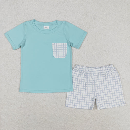 BSSO0799 Plaid pocket blue short sleeve shorts set high quality wholesale kids boys clothing sets
