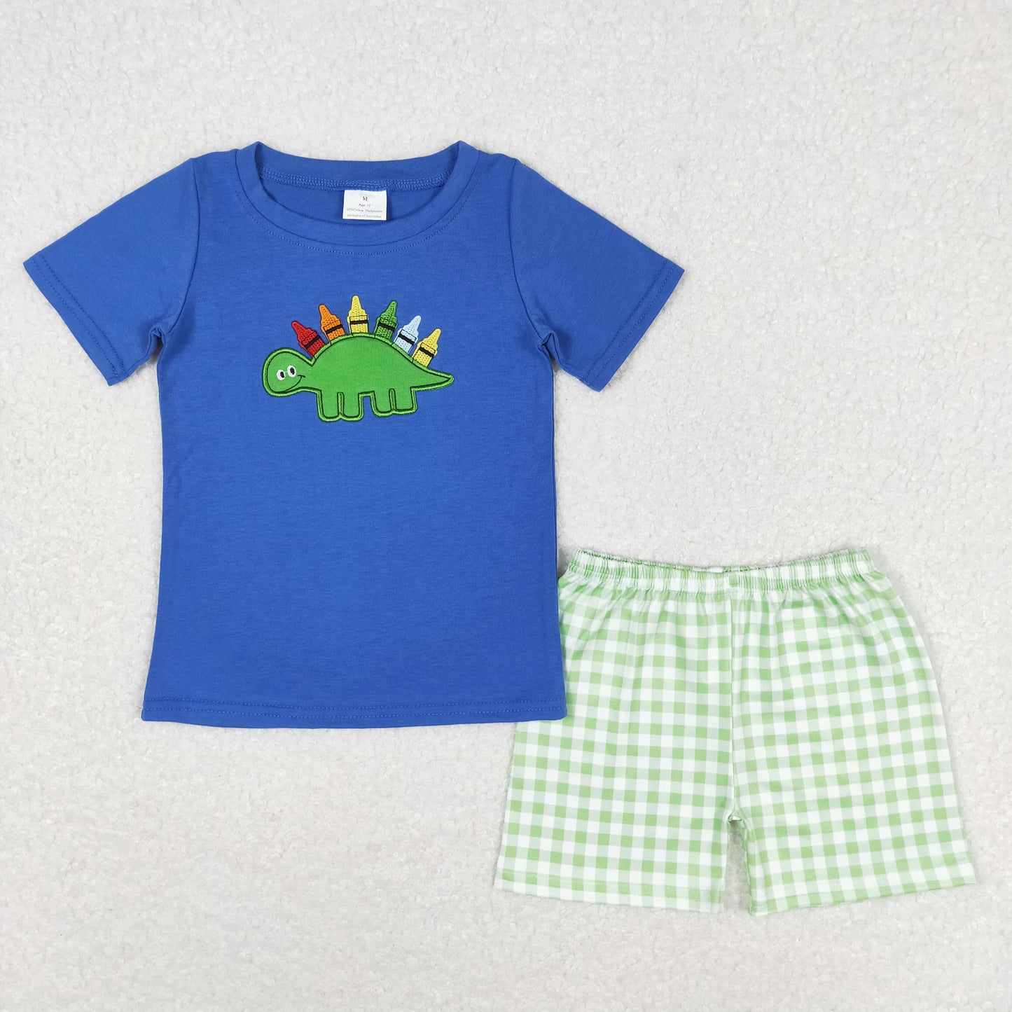 BSSO0805 Embroidered colorful pastel Dinosaur Blue short sleeve green plaid shorts set summer boys clothing set