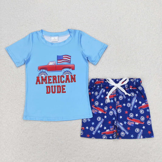 BSSO0823 american dude flag blue short-sleeved star shorts suit baby boy clothing sets 1 years