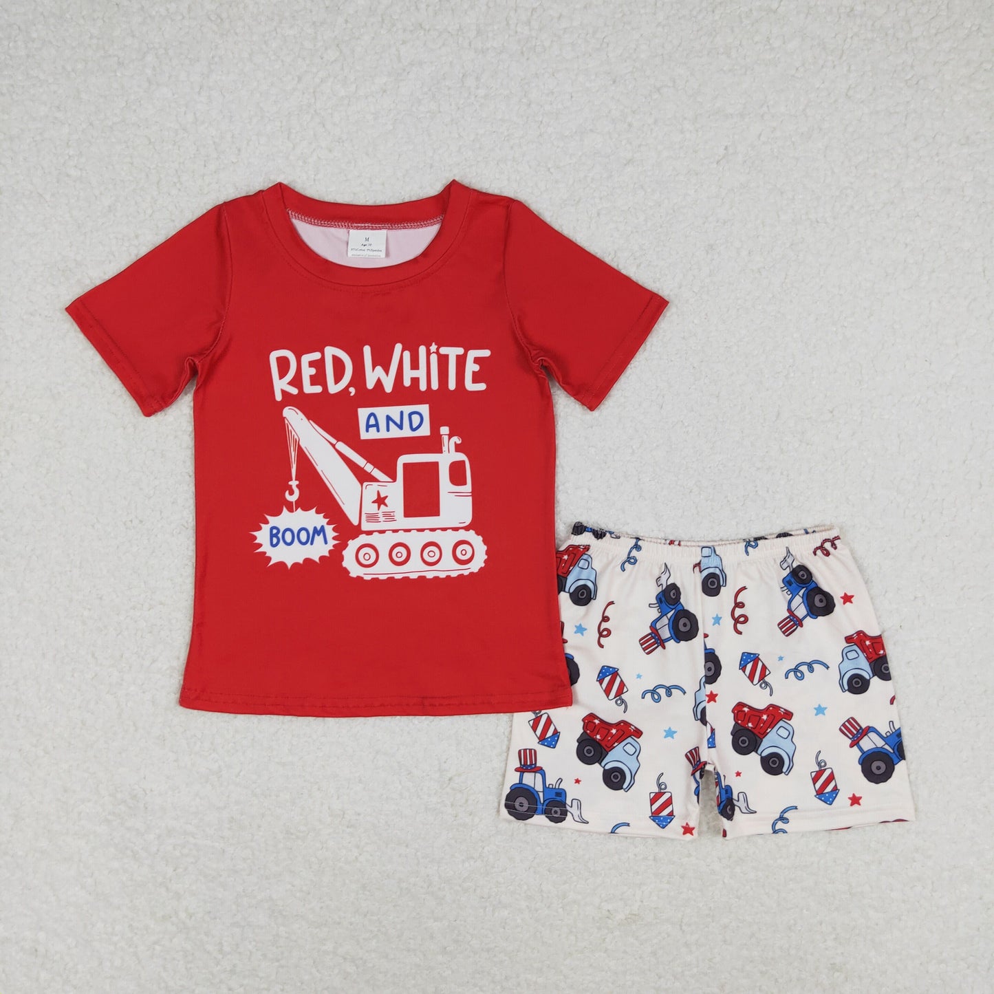 BSSO0825 red white boom Red white Boom short sleeve tractor shorts set boys two piece sets clothing