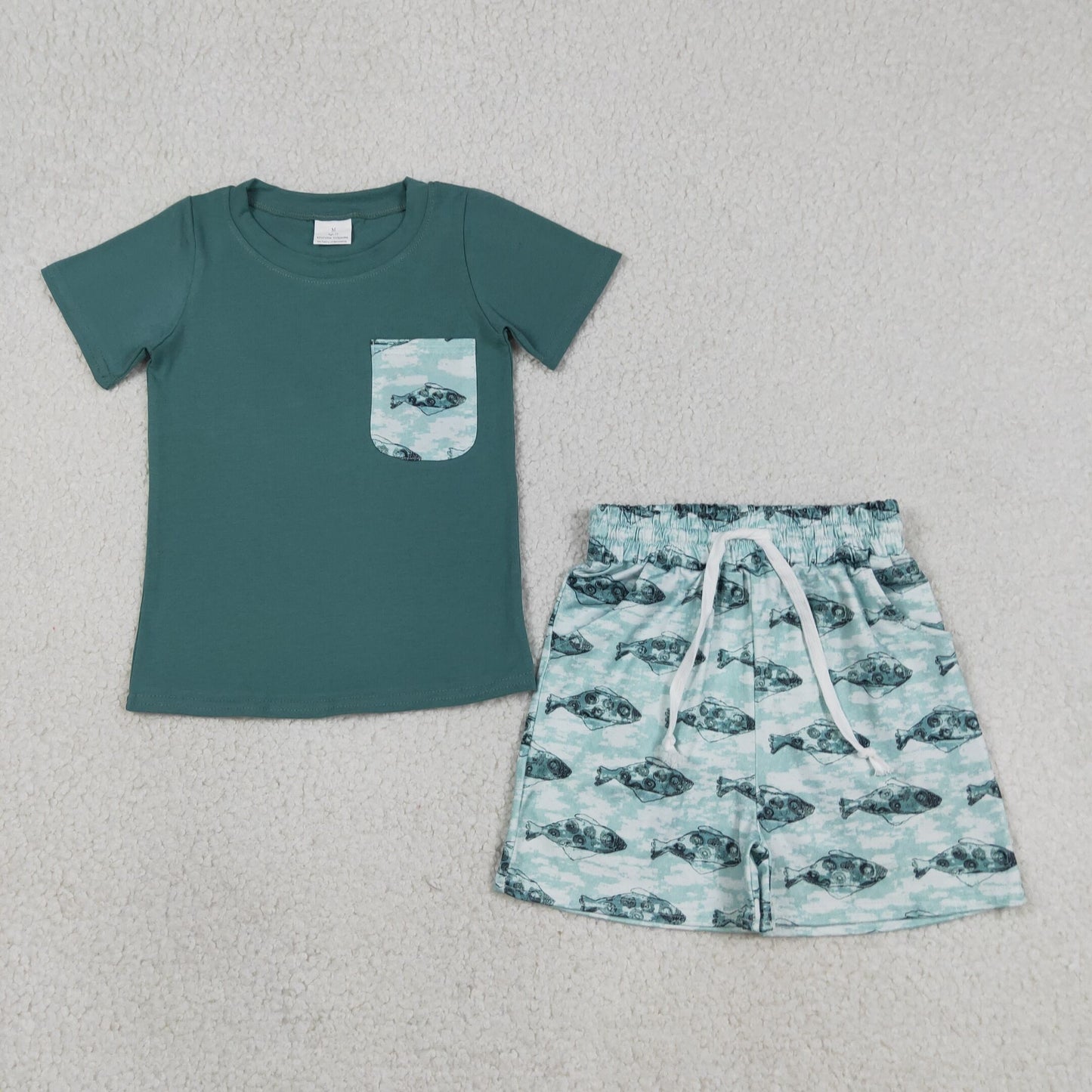 BSSO0838 Fishing Pocket Green Short Sleeve Shorts Boys Sets 202605 RTS