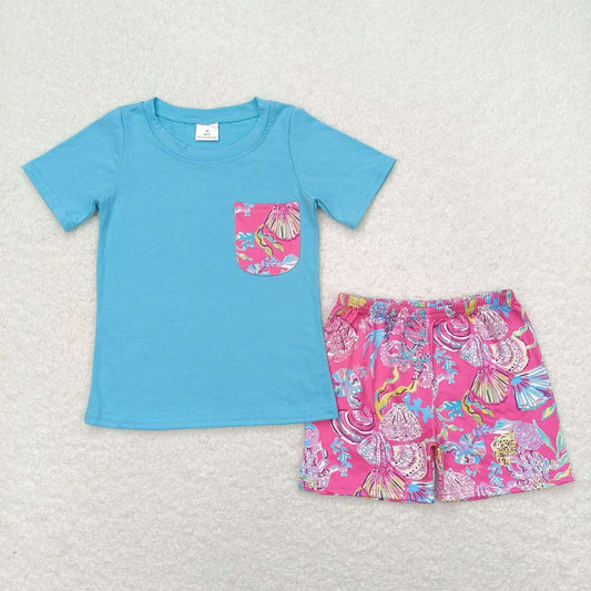 BSSO0841 Seagrass shell pocket blue short sleeve rose-red shorts suit boys spring clothing sets
