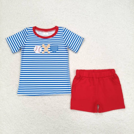BSSO0844 Embroidered baseball Blue and white striped short sleeve top Red cotton shorts set High quality baby clothing sets boy
