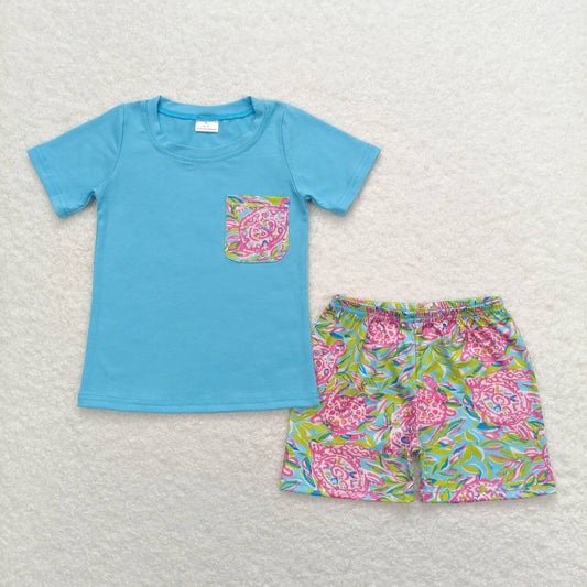 BSSO0846 Turtle seaweed pocket blue short sleeve shorts pajama set High quality 2024 boys clothing sets