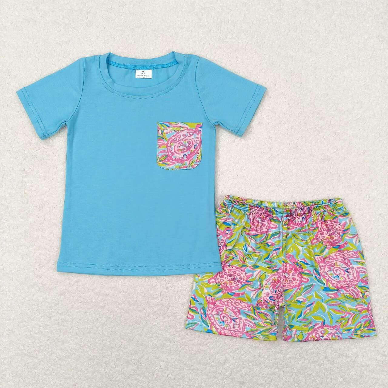BSSO0846 Turtle sea grass pocket blue short sleeve shorts pajama set kids clothing sets for boys