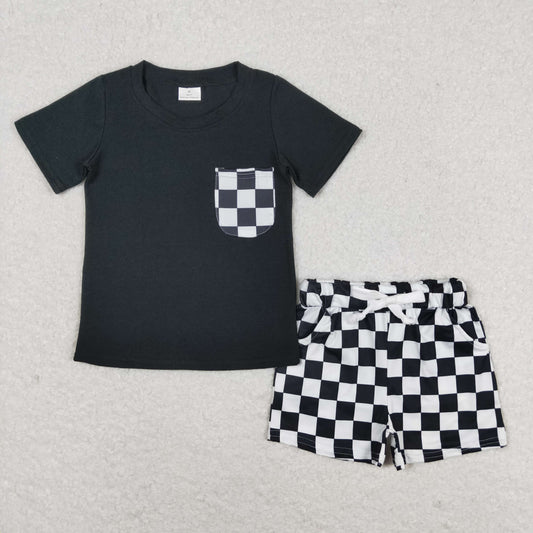 BSSO0852 Black and white check pocket short sleeve shorts set high quality baby boys clothing sets