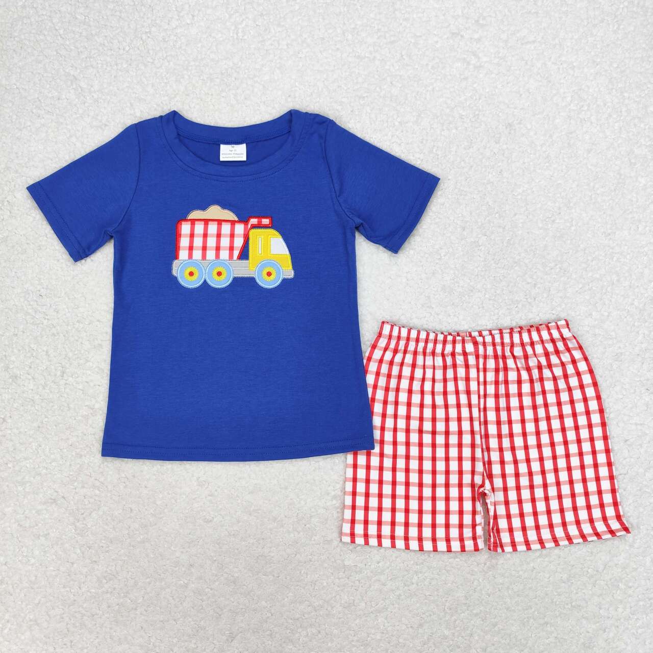 BSSO0857 NO MOQ Embroidered sand truck navy blue short sleeve red plaid shorts set boys clothing sets new born