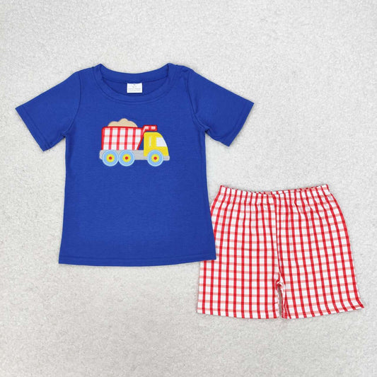 BSSO0857 NO MOQ Embroidered sand truck navy blue short sleeve red plaid shorts set boys clothing sets new born