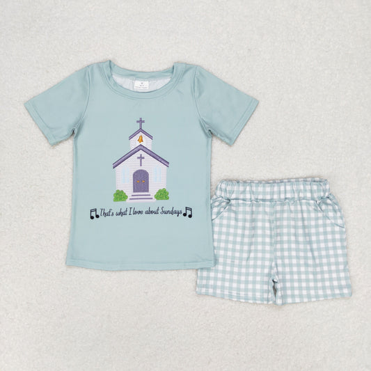 BSSO0858 Church letters teal short-sleeved plaid shorts suit summer boys clothing set
