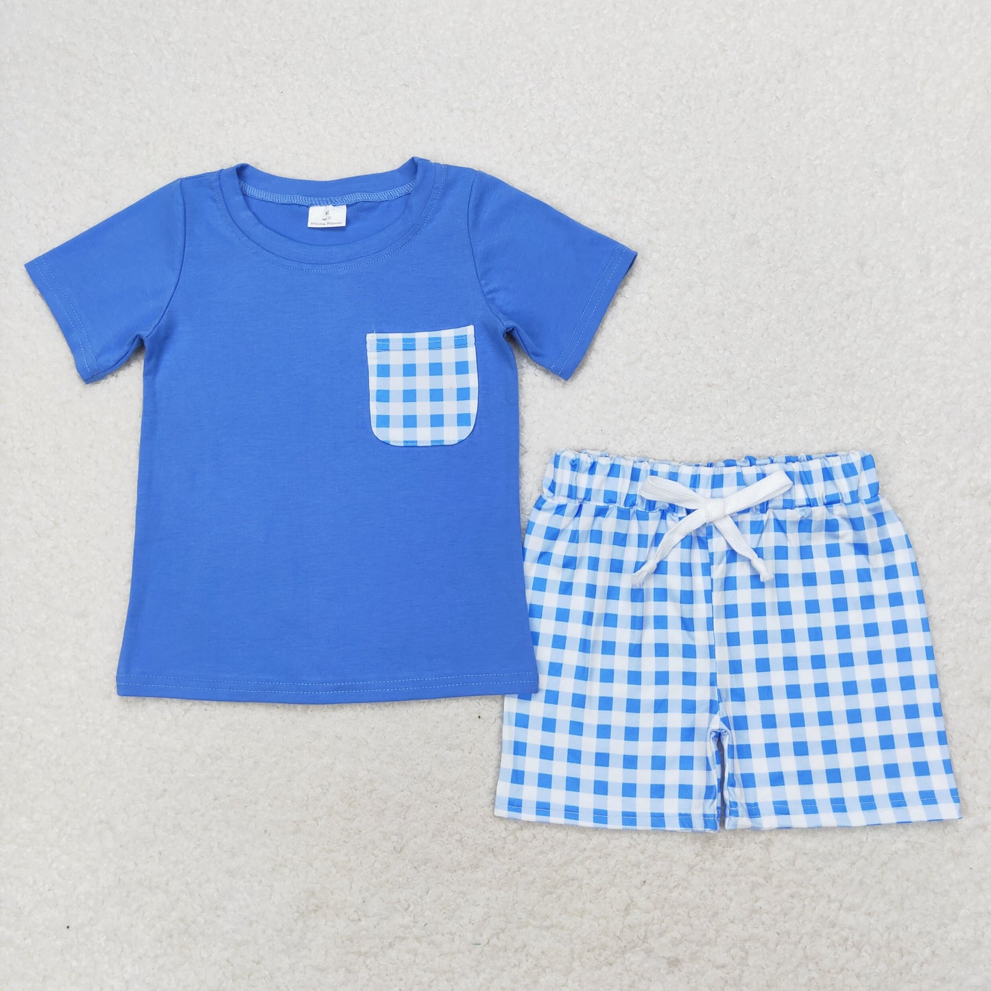 BSSO0865 Royal blue short-sleeved shorts suit with plaid pockets boy clothing sets 4 to 12 years old