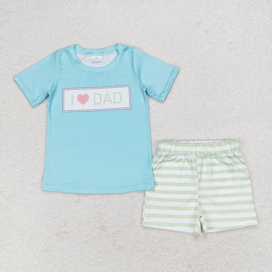 BSSO0878 I love dad Letters blue short sleeve green striped shorts set High quality boys clothing sets 7 years