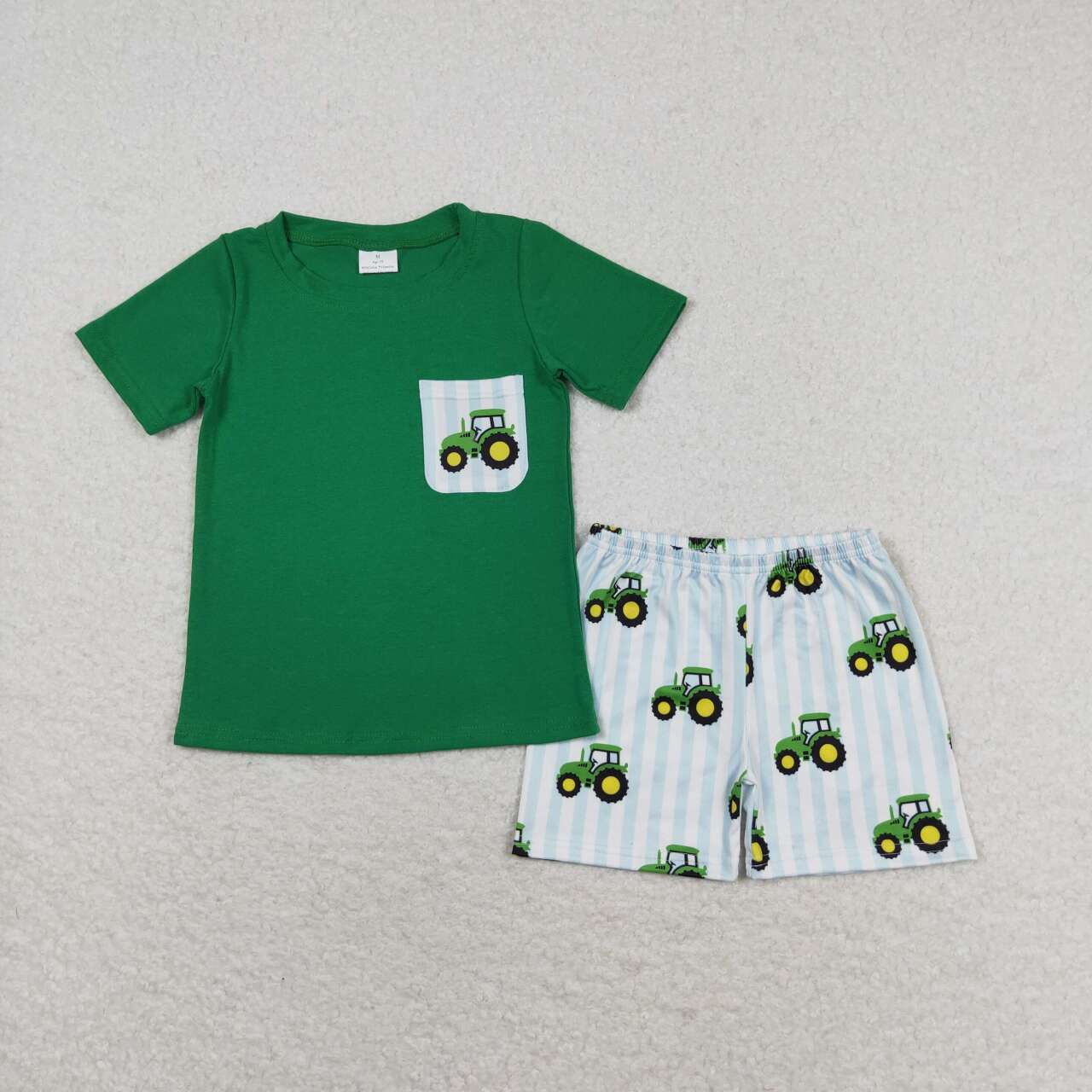 BSSO0903 Farm tractor pocket green short-sleeved blue striped shorts set boys clothing sets 0-6month