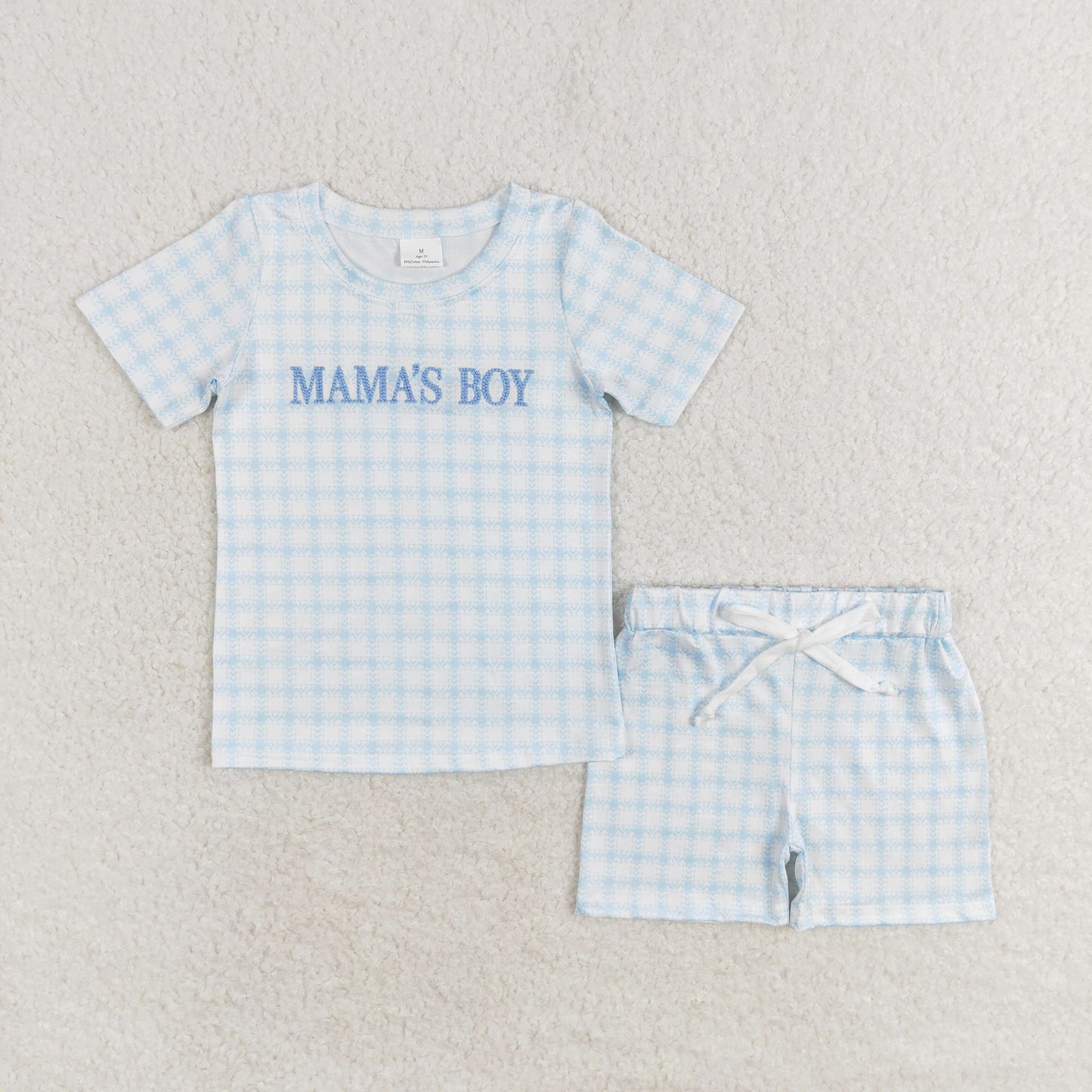BSSO0912 Western Vintage Short-Sleeved Shorts Suit Embroidered Checkered Blue White Made of Cotton No MOQ Mama's Boy Pattern