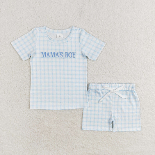 BSSO0912 Western Vintage Short-Sleeved Shorts Suit Embroidered Checkered Blue White Made of Cotton No MOQ Mama's Boy Pattern