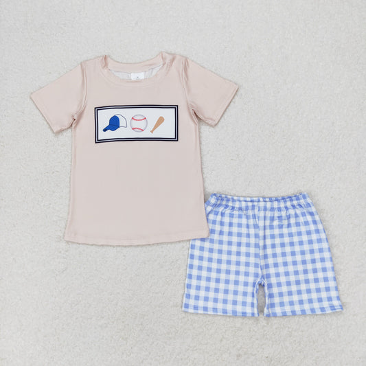 BSSO0919 Baseball Beige Short Sleeve Plaid Shorts Boys Outfits RTS 202509