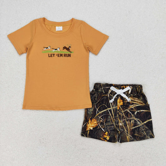 BSSO0924 Embroidered Puppy Deer Let's Run Orange Brown Short-Sleeve Camo Shorts Boys Outfits RTS 202509
