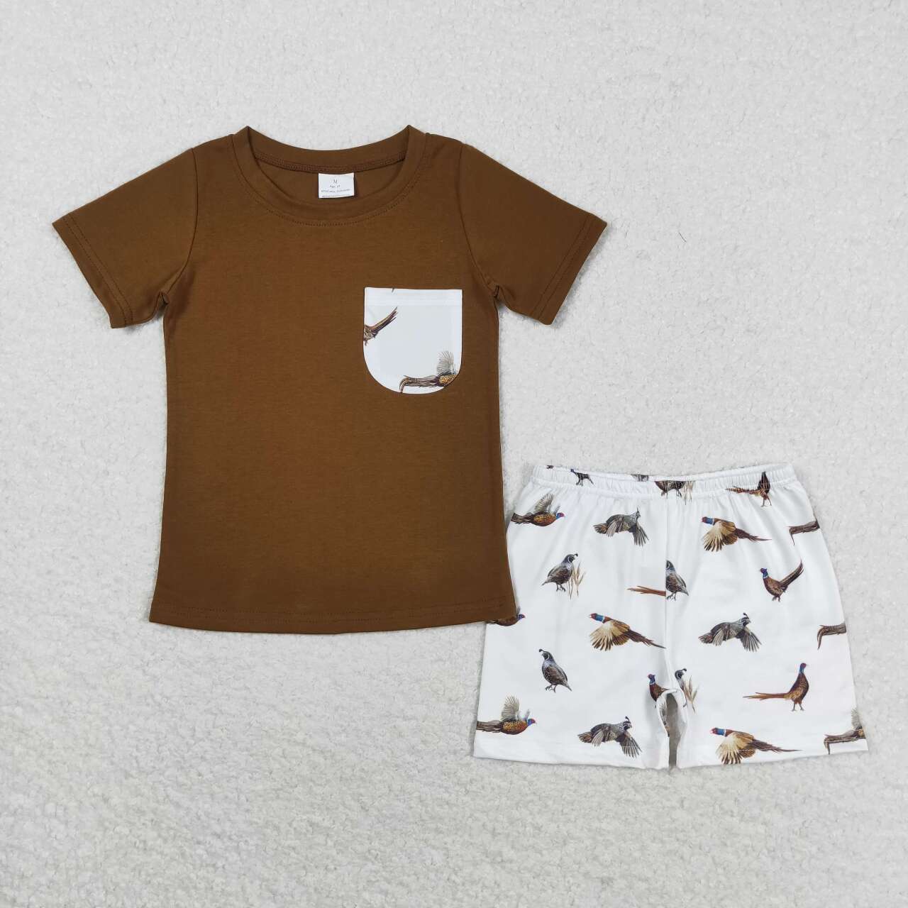BSSO0925 Bird white pocket brown short sleeve shorts set boys clothing sets 3-4 years
