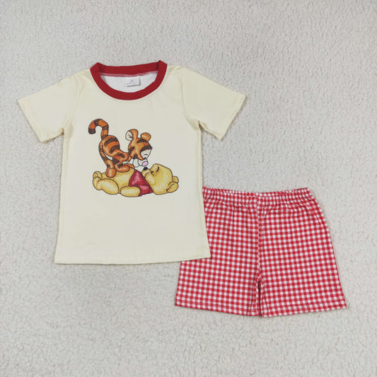 BSSO0939 Winnie the Pooh Beige Short Sleeve Red Plaid Shorts Boys Outfits RTS 202509