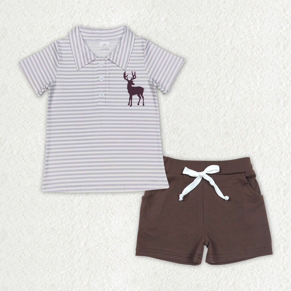 BSSO0951 Deer Hunting Stripe Polo Short Sleeve Brown Shorts Suit Boys Clothes 20240410 RTS