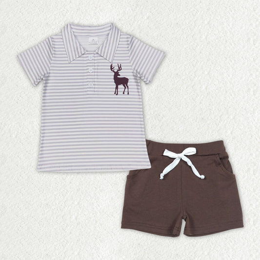 BSSO0951 Deer Hunting Stripe Polo Short Sleeve Brown Shorts Suit Boys Clothes 20240410 RTS