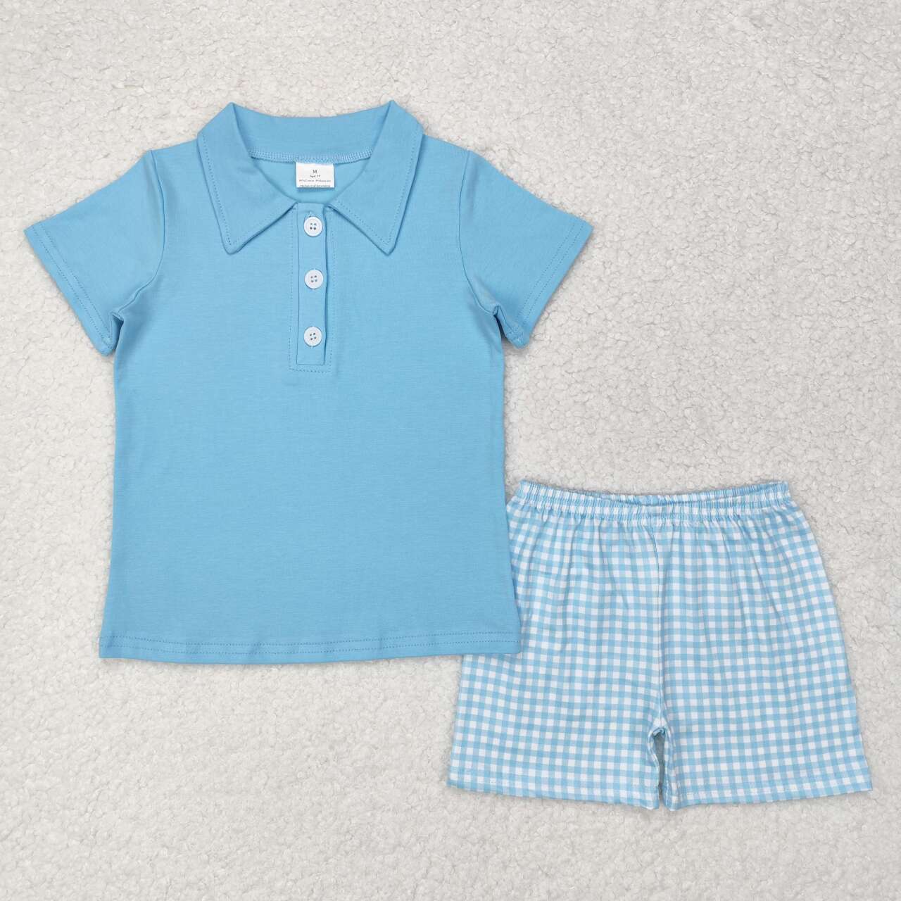 BSSO0954 NO MOQ solid color sky blue short-sleeved plaid shorts set western clothes