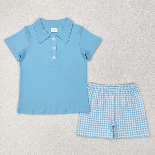 BSSO0954 NO MOQ solid color sky blue short-sleeved plaid shorts set western clothes