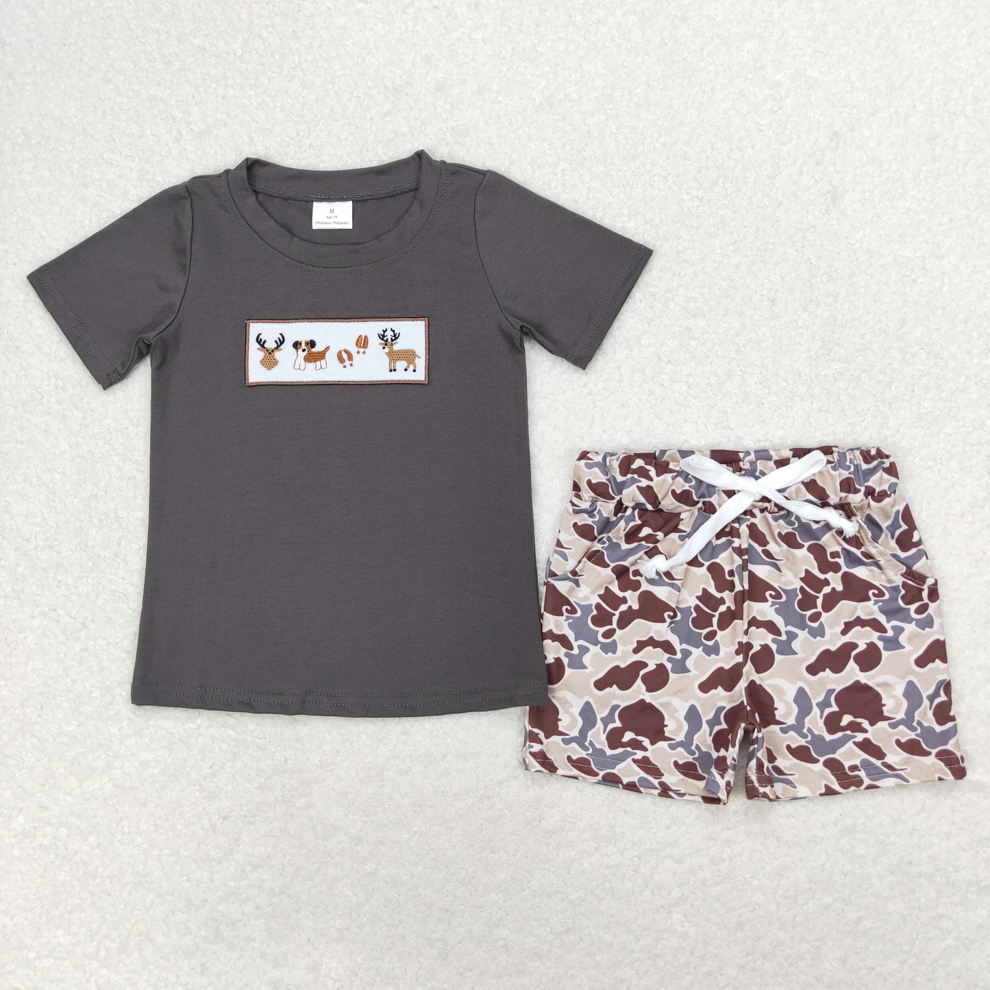 BSSO0969 Embroidered Moose puppy charcoal gray short-sleeved camouflage shorts set 3 years boys clothing sets