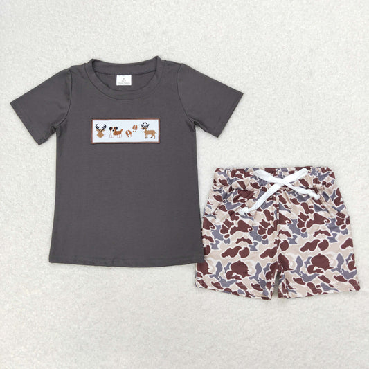 BSSO0969 Embroidered Moose puppy charcoal gray short-sleeved camouflage shorts set 3 years boys clothing sets