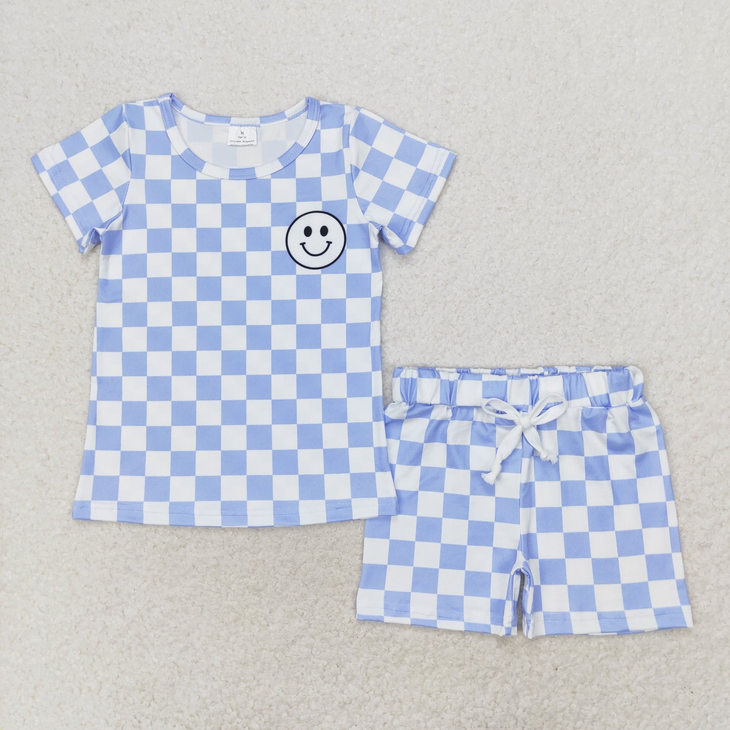 BSSO0974 Smiley face blue and white plaid short-sleeved shorts suit