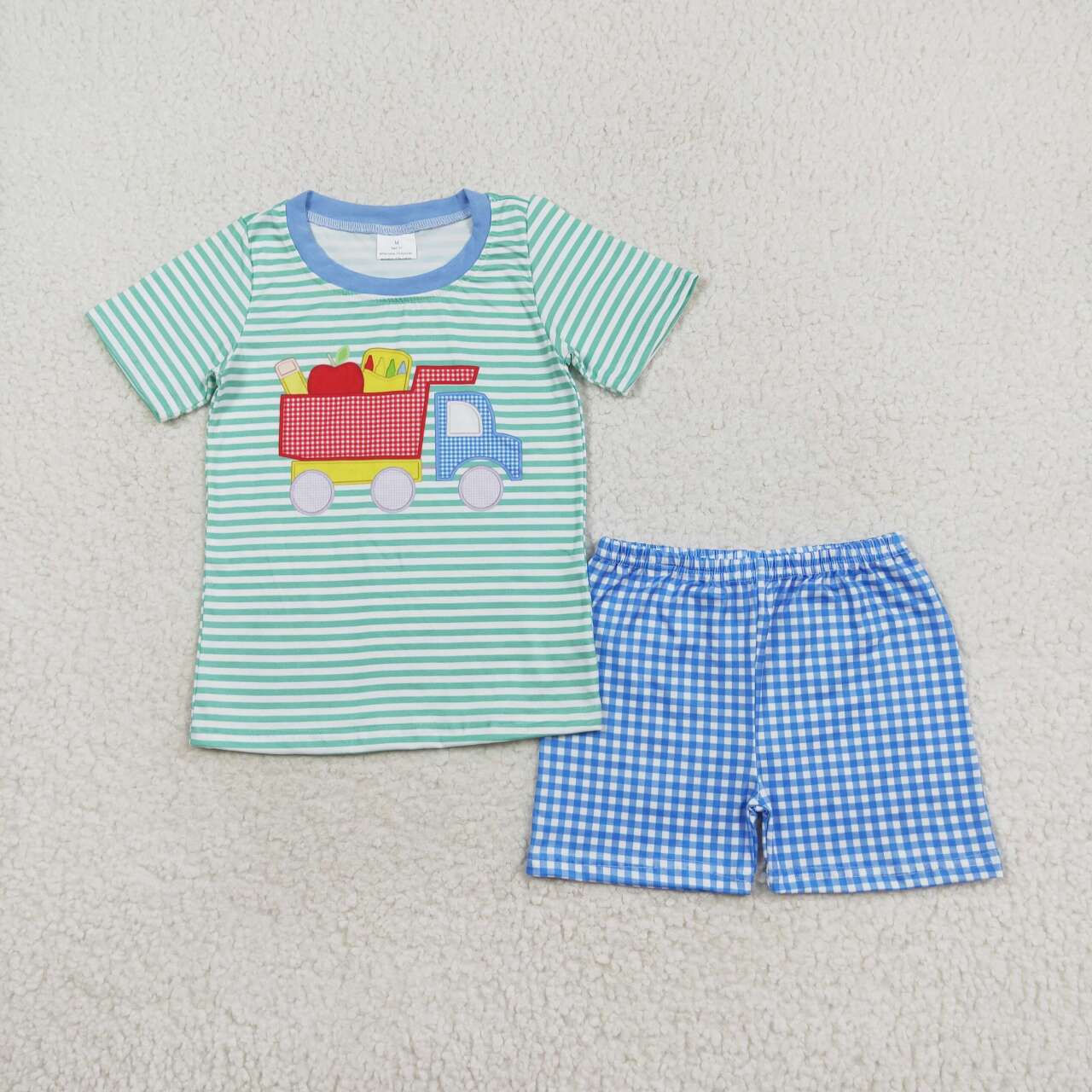BSSO0978 Pencil Apple Truck Green striped short-sleeved plaid shorts suit boy clothing sets 4 to 12 years old