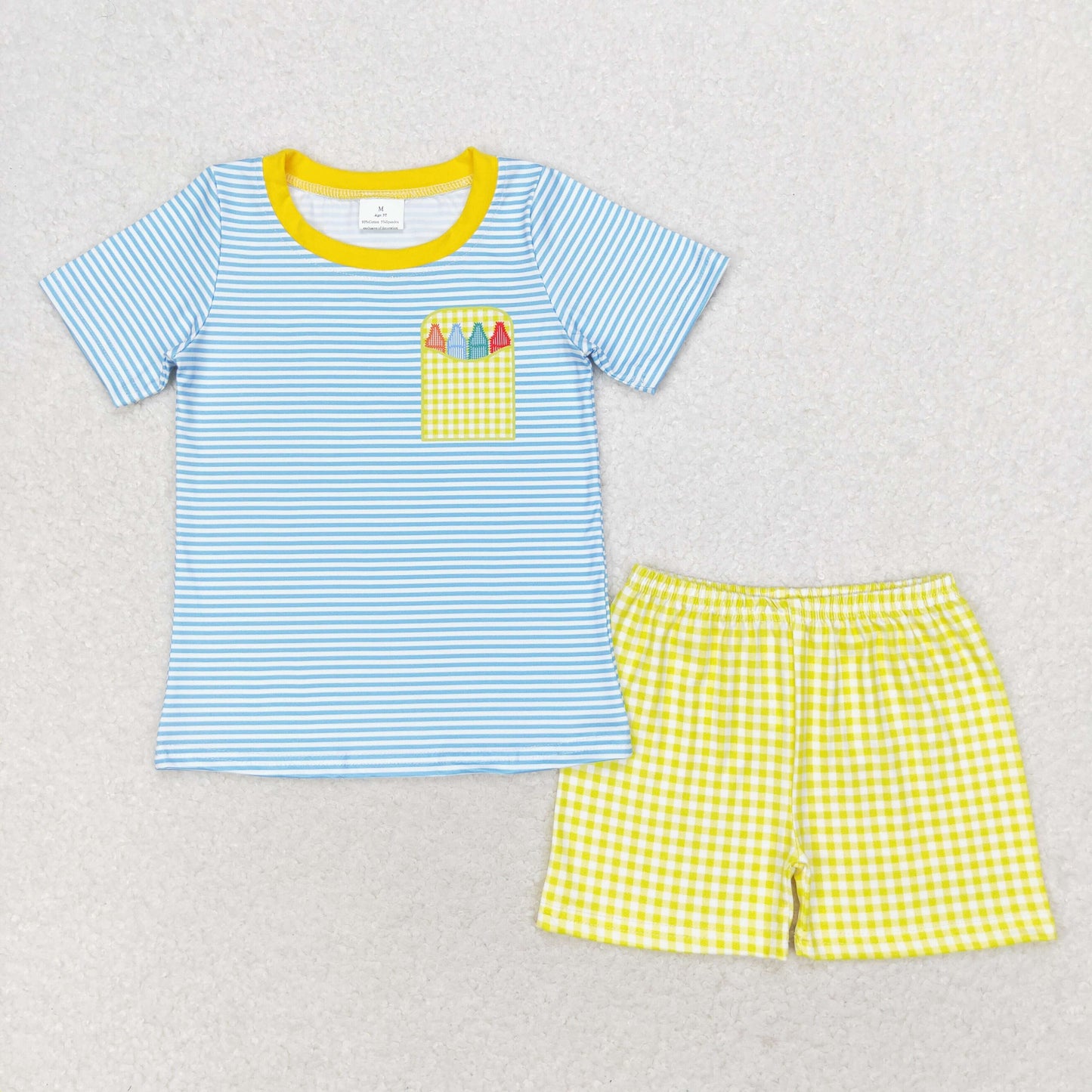 BSSO0983 Pastel blue striped short-sleeved yellow plaid shorts suit boys clothing sets 3-4 years