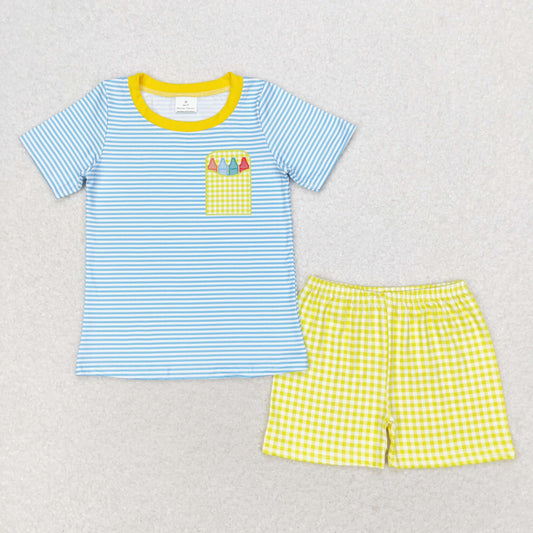 BSSO0983 Pastel blue striped short-sleeved yellow plaid shorts suit boys clothing sets 3-4 years