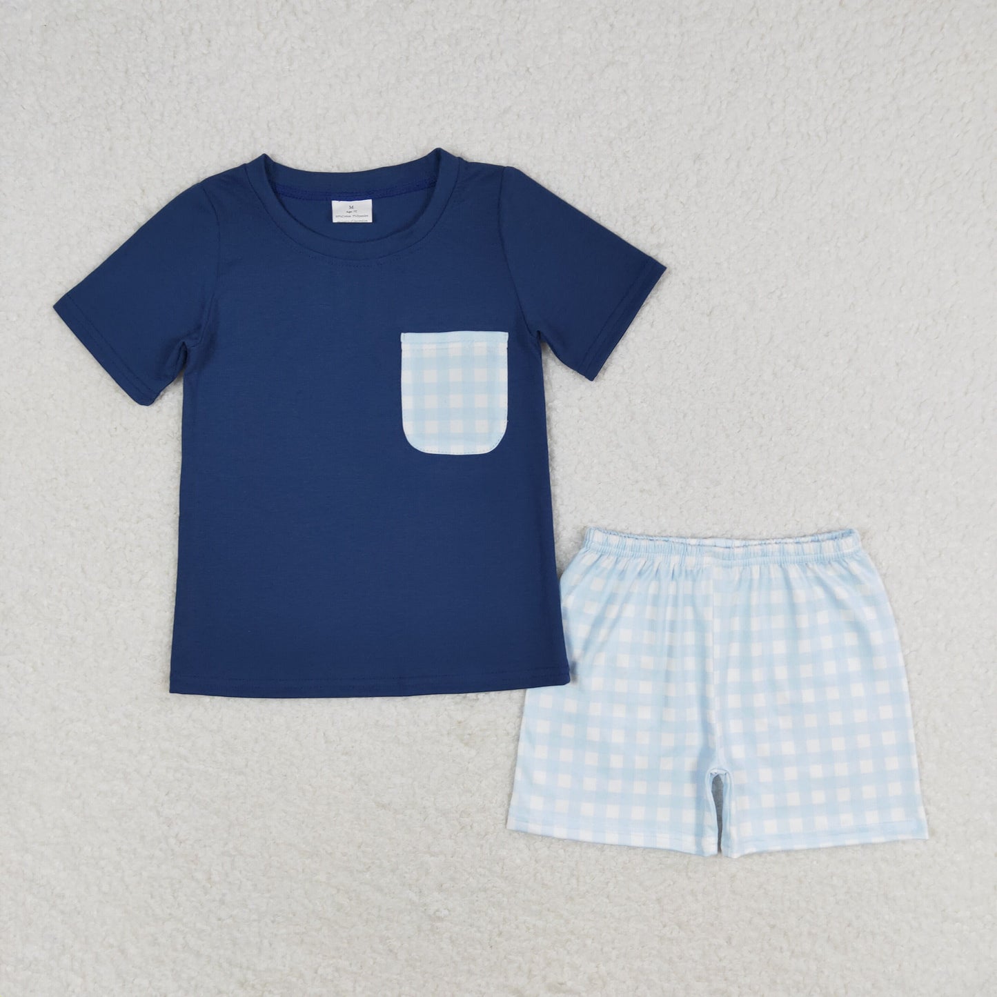 BSSO0992 Blue plaid pocket dark short-sleeved shorts suit new born baby boy clothing sets