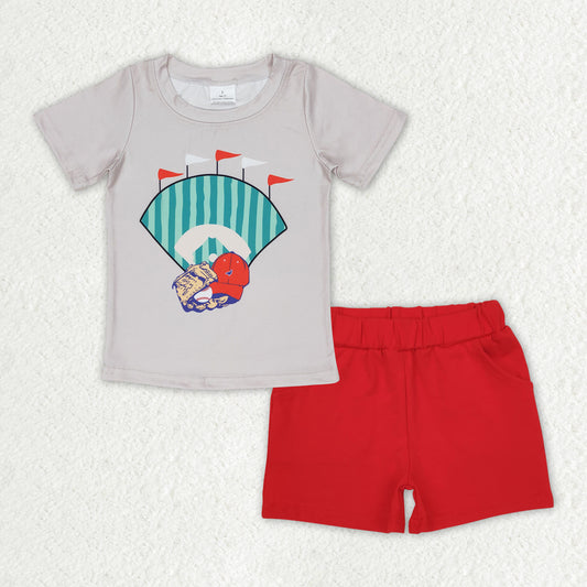 BSSO0996 Baseball cap flag Light brown short sleeve red shorts set high quality wholesale boy set clothing