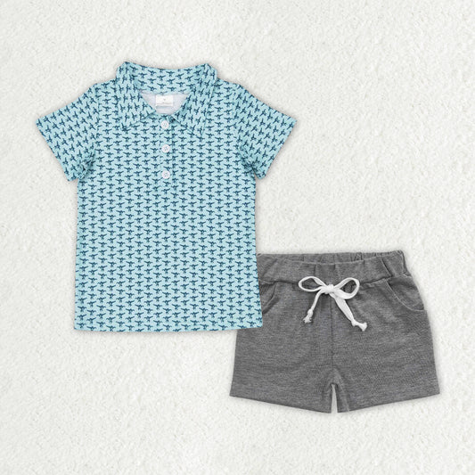 BSSO0998 Turquoise button short sleeve light grey pocket shorts suit baby clothing sets boy
