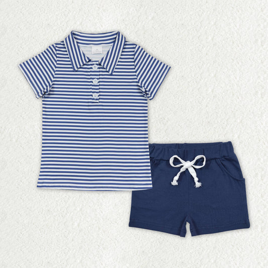 BSSO1000 Navy blue striped short sleeve pocket shorts suit kids clothing sets for boys