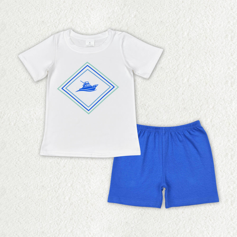 BSSO1001 Ship white short-sleeved blue shorts suit boy clothing sets 6 to 12 years old