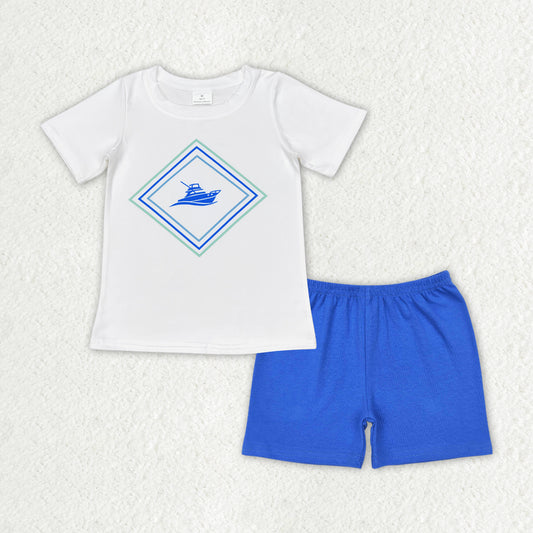 BSSO1001 Ship white short-sleeved blue shorts suit boy clothing sets 6 to 12 years old